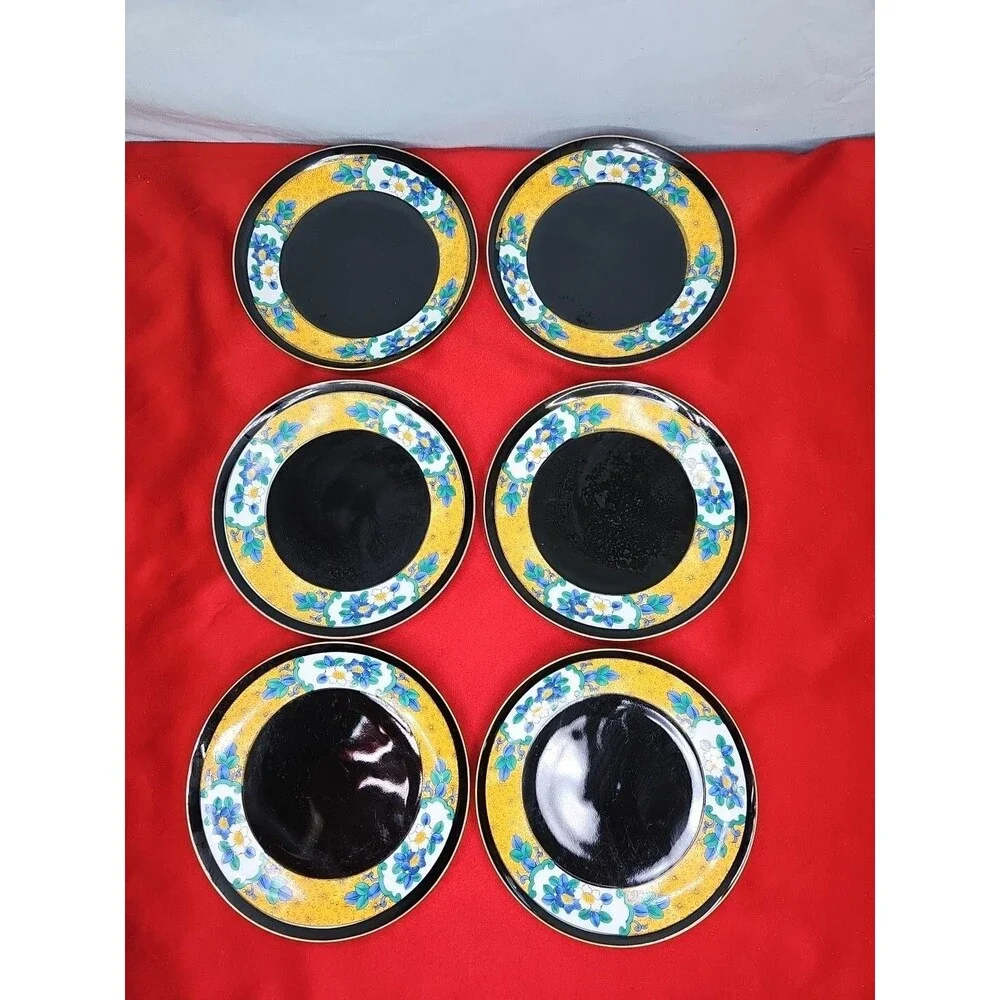 Black Coffee Cup & Saucer Tea Set Of 6 Yellow Blue Flowers
